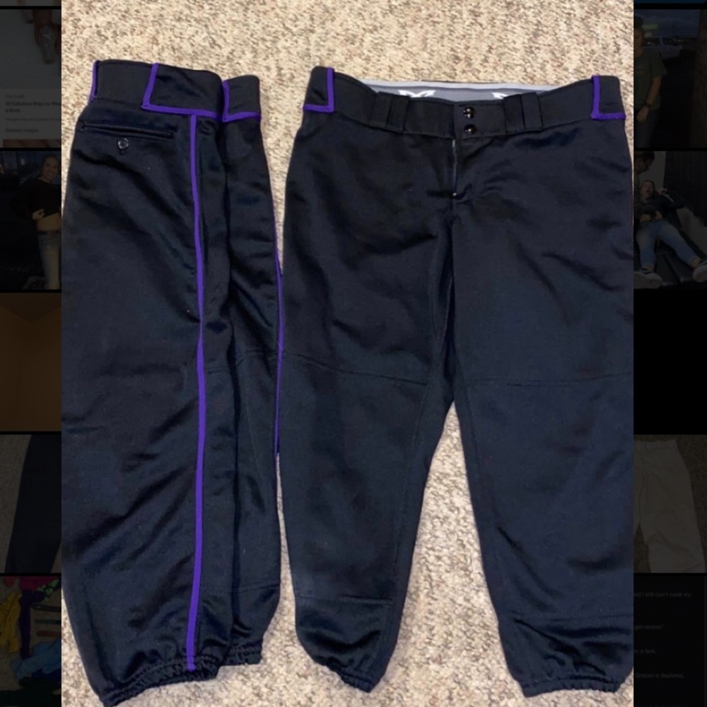 7 pairs of softball pants & some belts and socks
